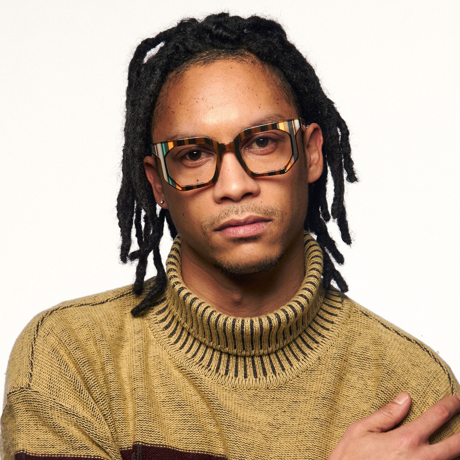 model wearing Abetzi - Rectangle Brown Eyeglasses 1