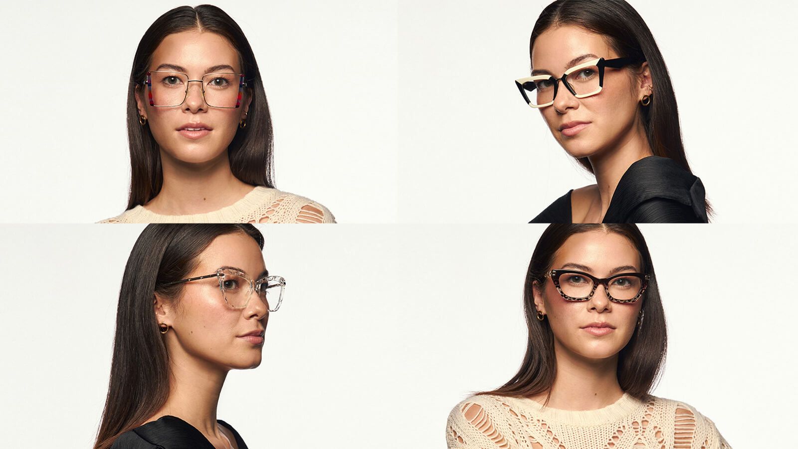 A collage of four different women showcasing various styles of fashionable eyeglasses, demonstrating how to see in style with vision correction.