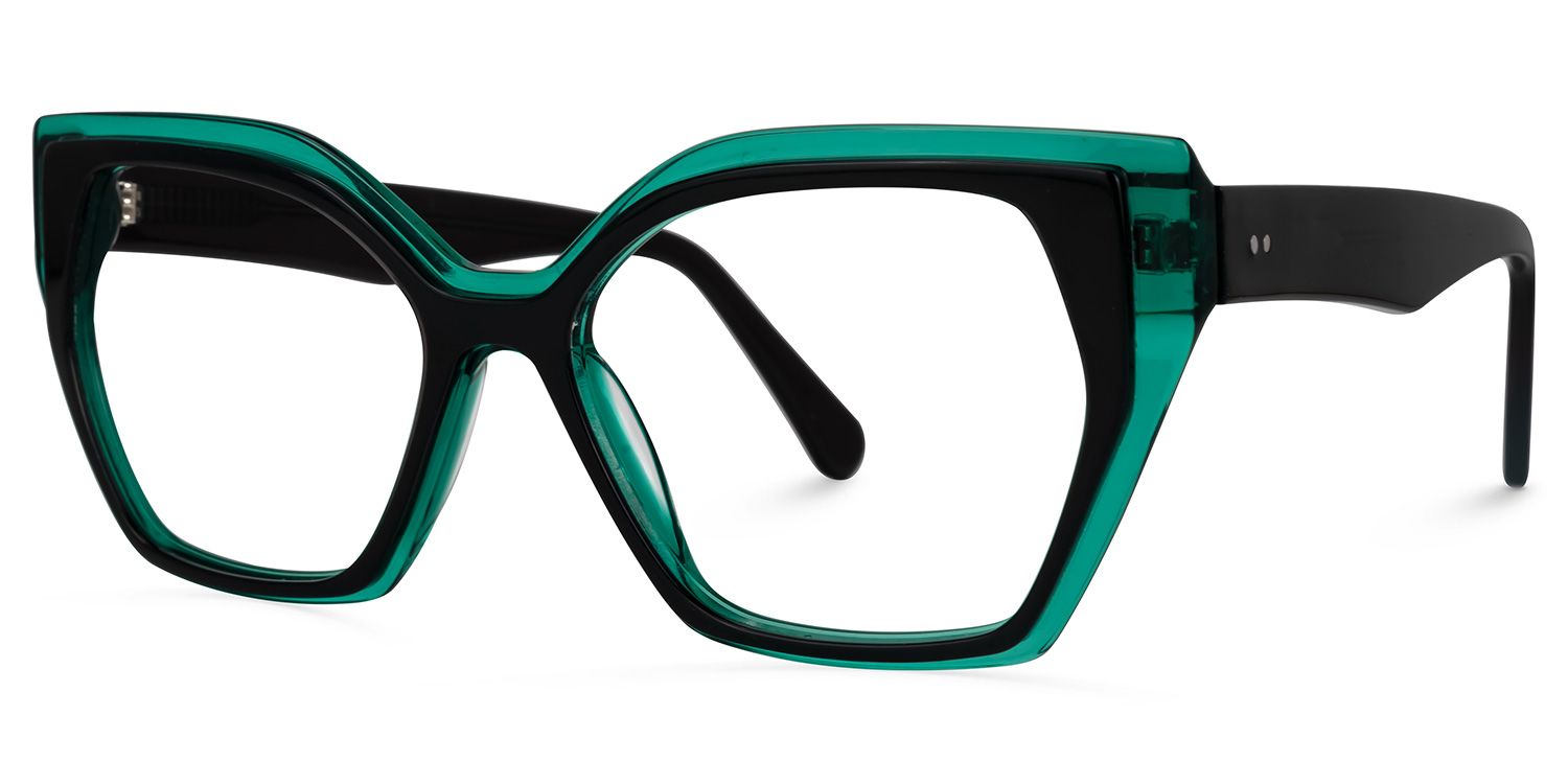 Delyth - Cat Eye Black/Green Eyeglasses by Vooglam - Front View