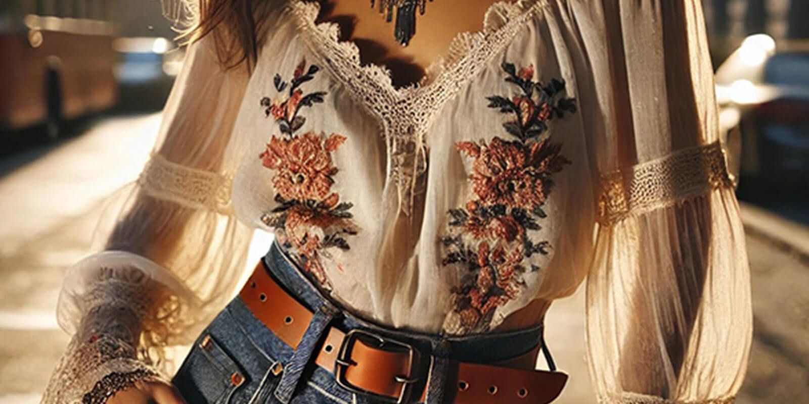 Boho chic, blouse with lace details and floral embroidery