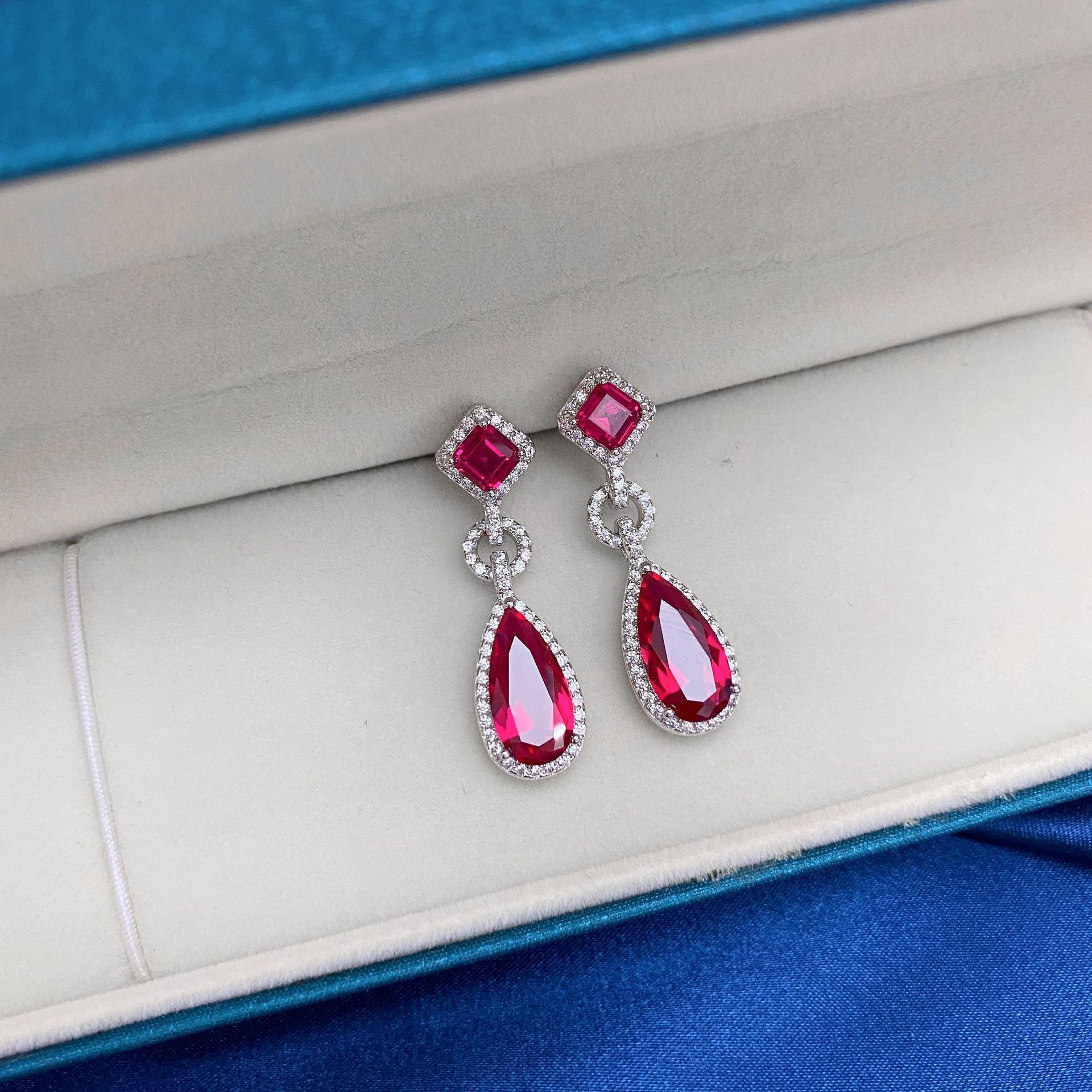 Glamorous Ruby Red Waterdrop Pierced Earrings by Vooglam - Lifestyle Look