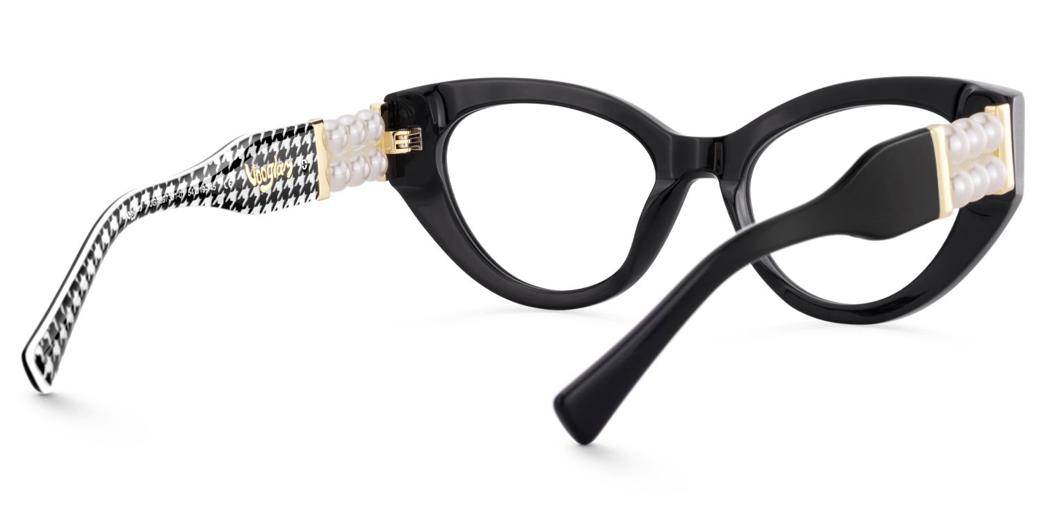 Sadah - Retro Black Cat-Eye Glasses Houndstooth Arms by Vooglam - Side View