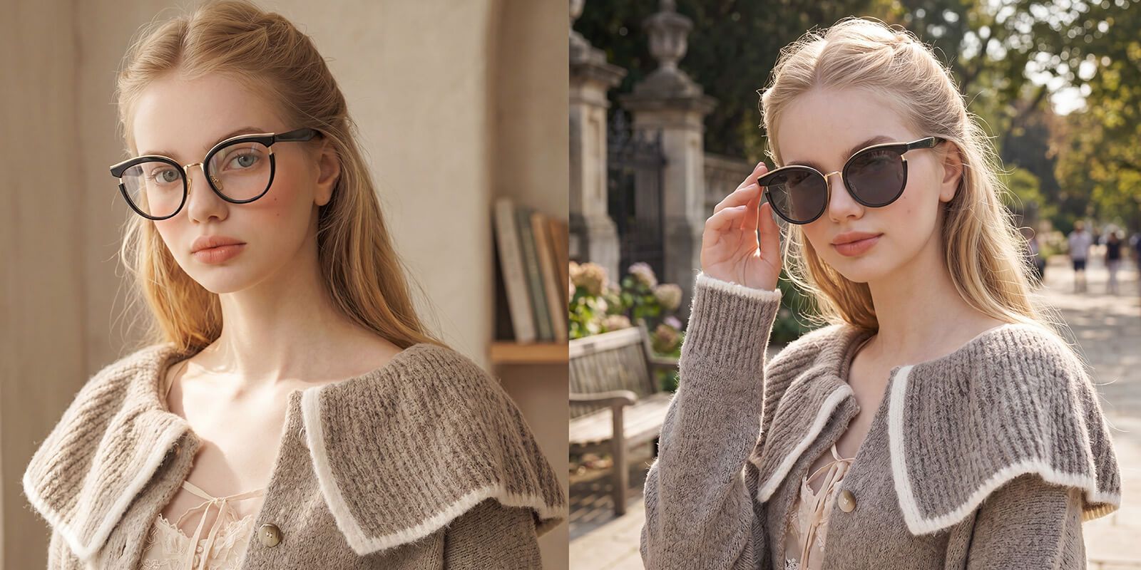 a side-by-side photo shows the change of the photochromic glasses by indoor activities and outdoor activities