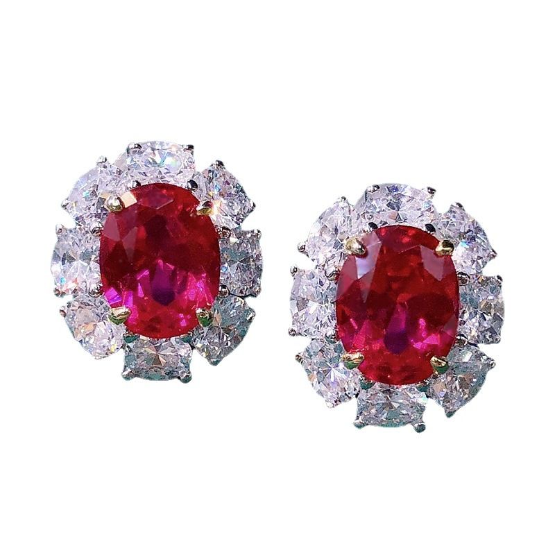 Classic Ruby Red Oval Pierced Earrings by Vooglam - Front View