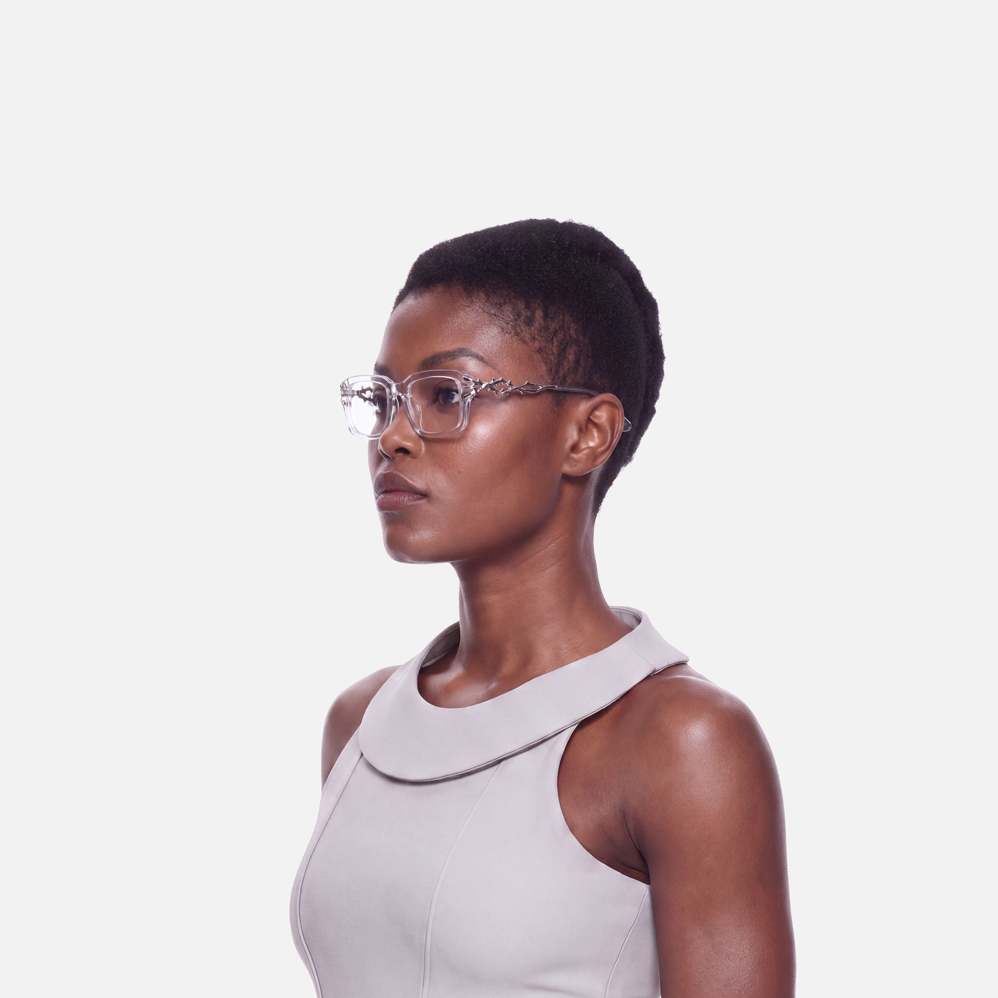 Vorpal - Clear Thorn Rectangle Silver Glasses | Vooglam On Model 3