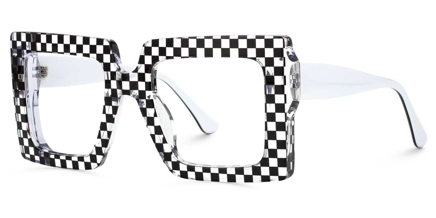 Ferial - Square Black & Crystal Checkered Glasses | Vooglam Front View