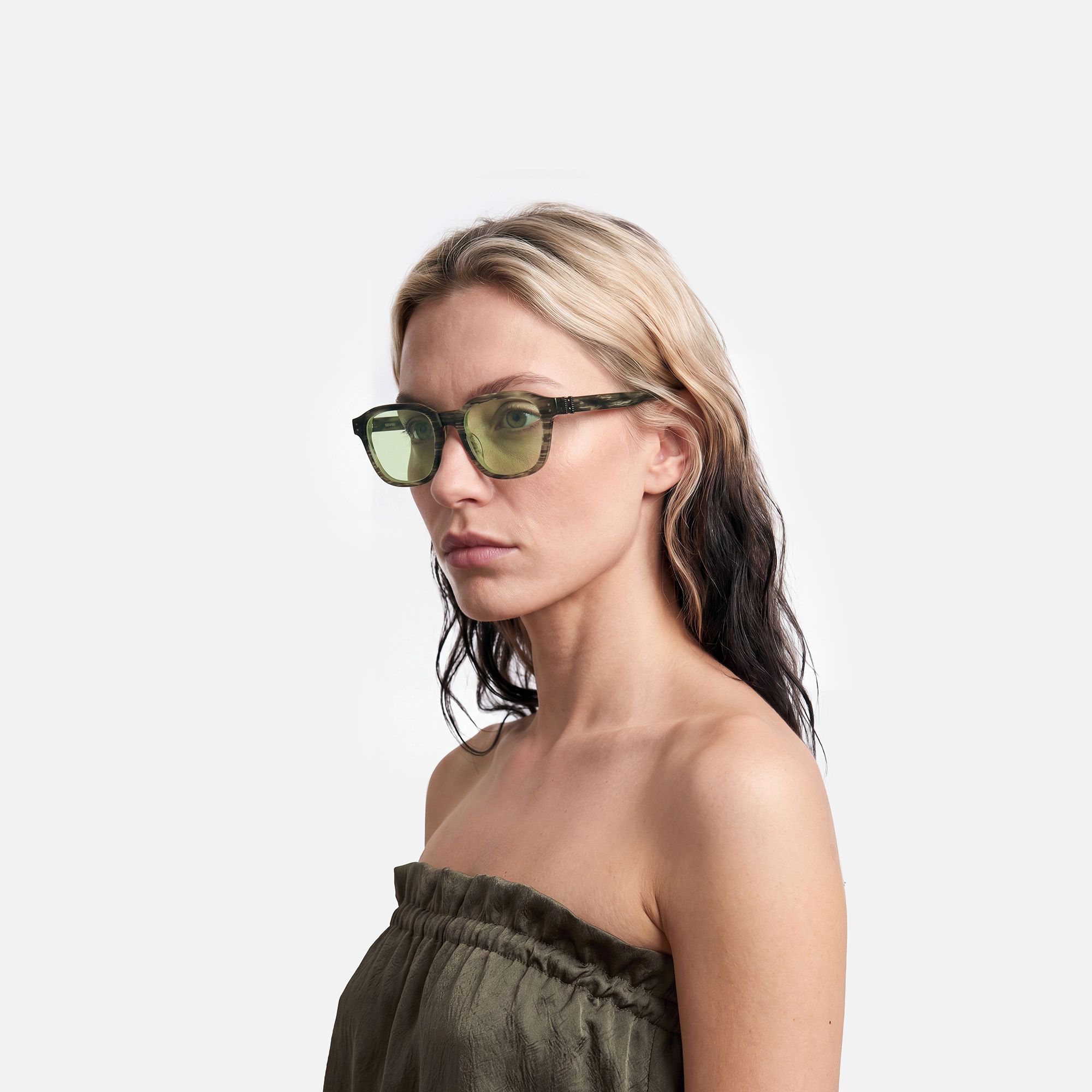Rainier - Green Tint Earth Tone Marble Shades by Vooglam - Side View On Model