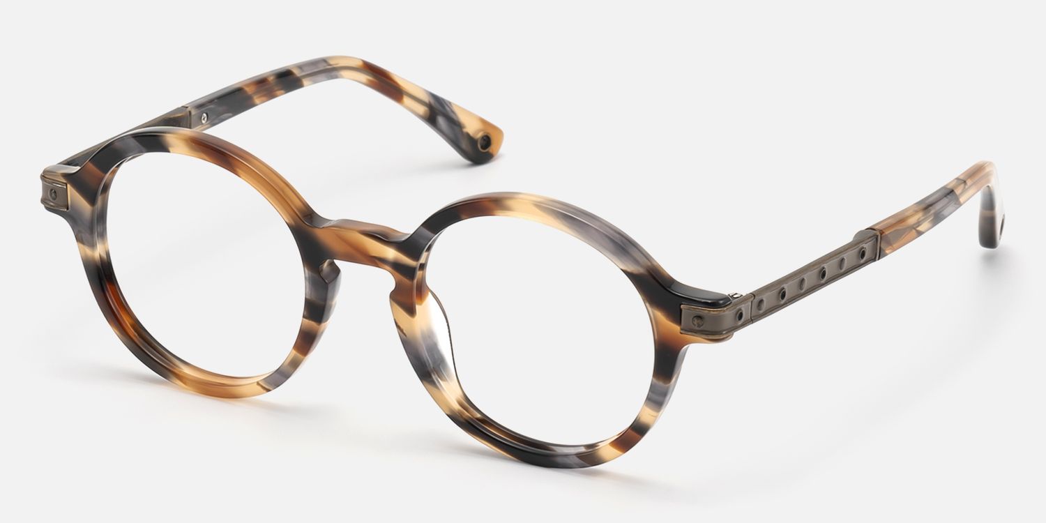 Lennon - Dark Brass Khaki Marbled Round Frames | Vooglam Front View