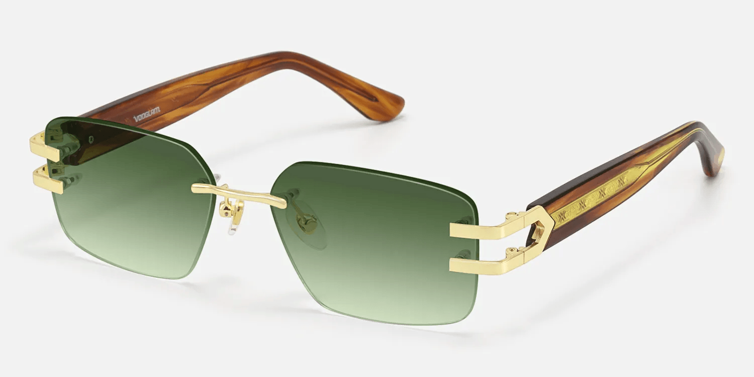 sage green tinted lenses with wooden templete rimless sunglasses
