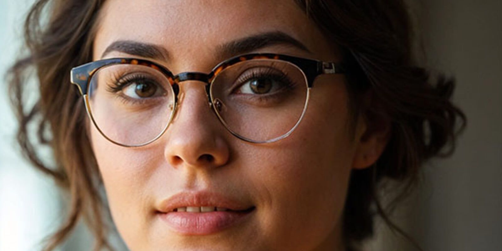 Curly hair women with homey brown eyes  wear tortoiseshell  half frame glasses