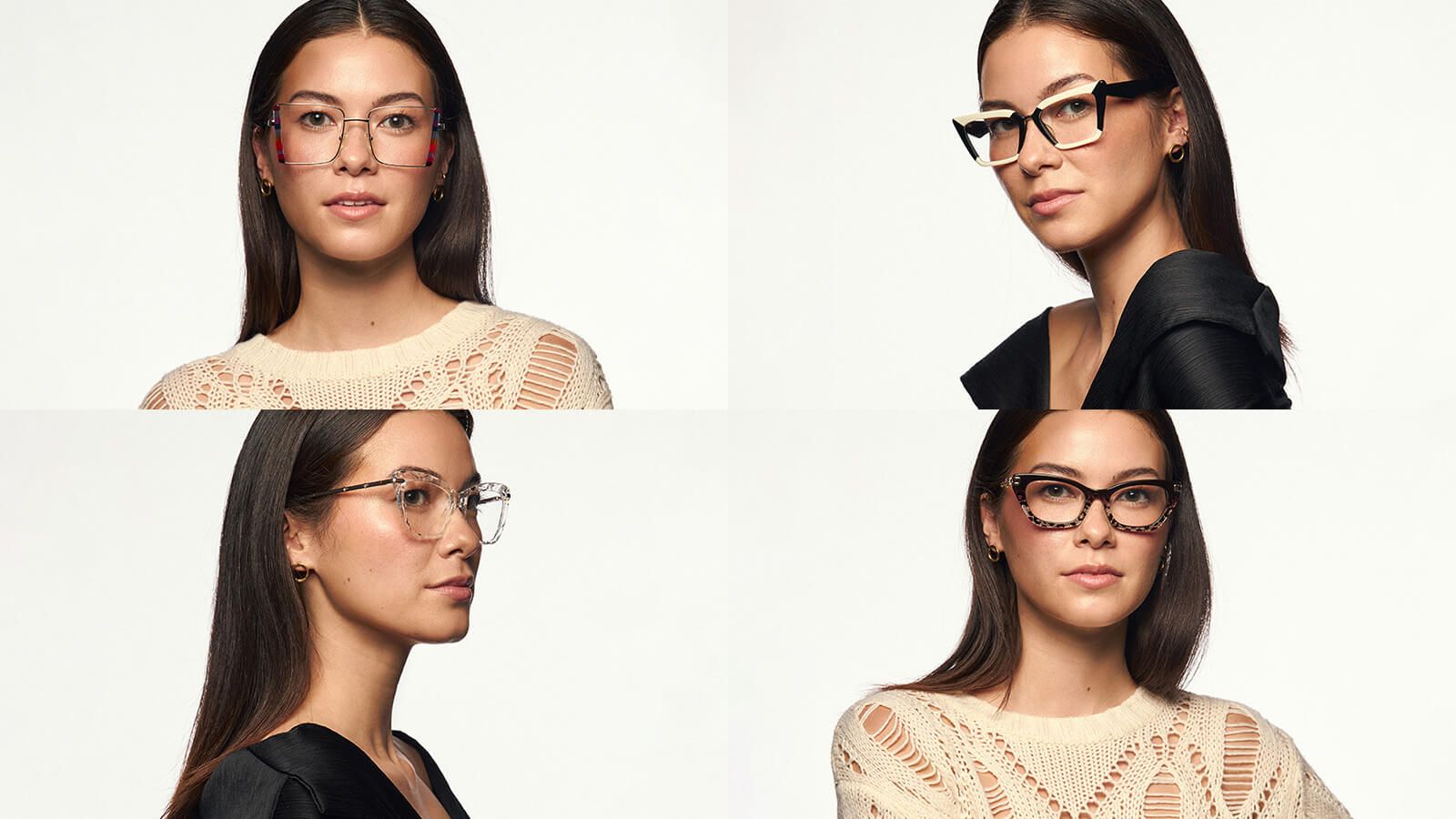 A photo collage shows a young woman wearing four different pairs of fashionable eyeglasses, demonstrating that glasses are also a style accessory.