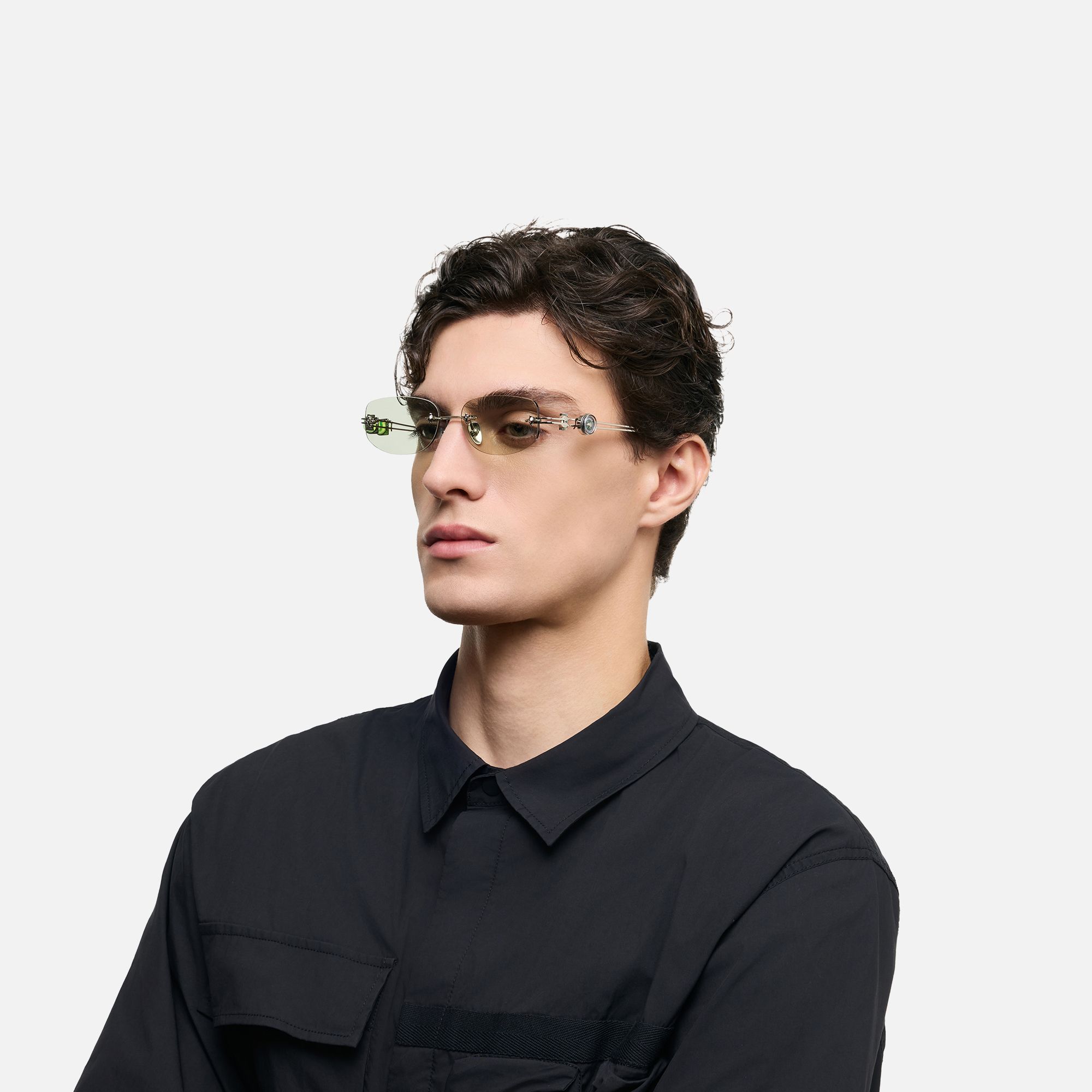 The Utilitarian - Asymmetric Green Tint Sunglasses | Vooglam On Model 4