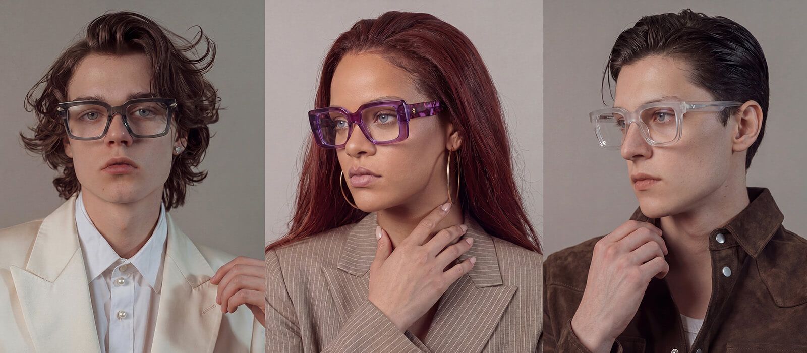 three grey eye people weraing unique frames fitting their style