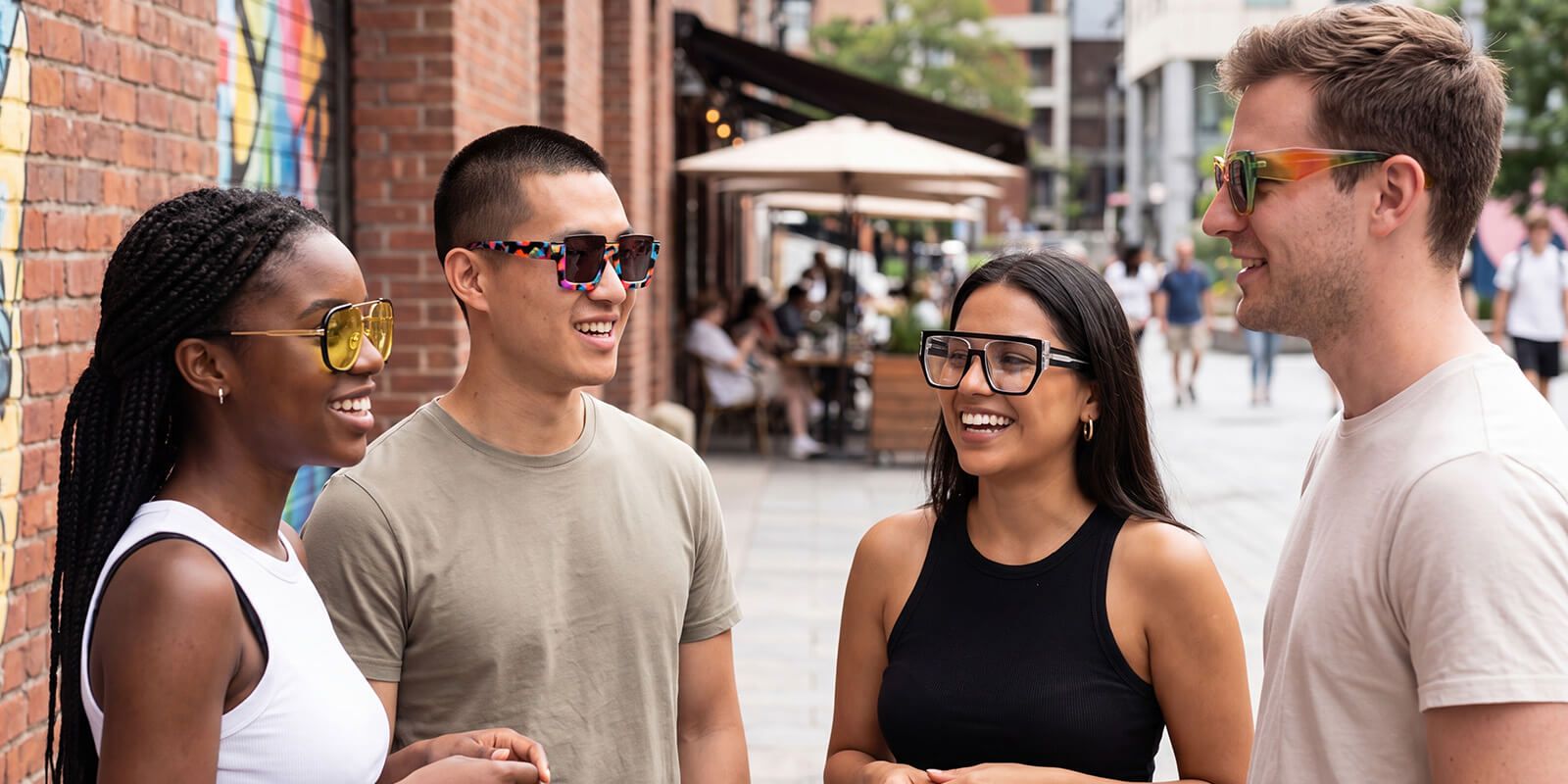 a group of different nation people wearing afrofuturistic sunglasses