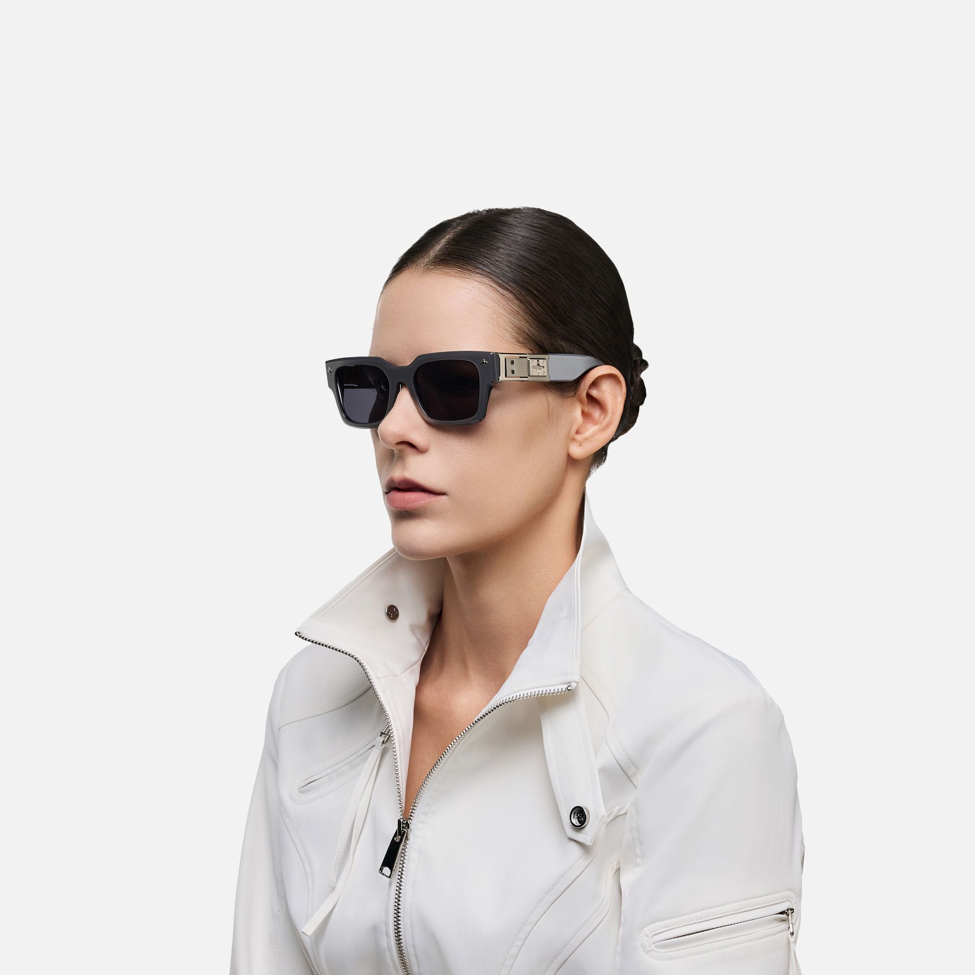 The Programmer - Bold Silver USB Sunglasses | Vooglam On Model 3