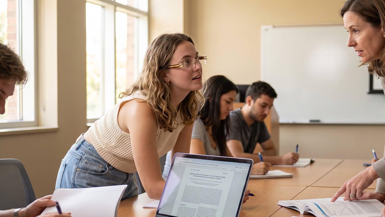 A young female student wearing glasses leans over a desk during a classroom discussion