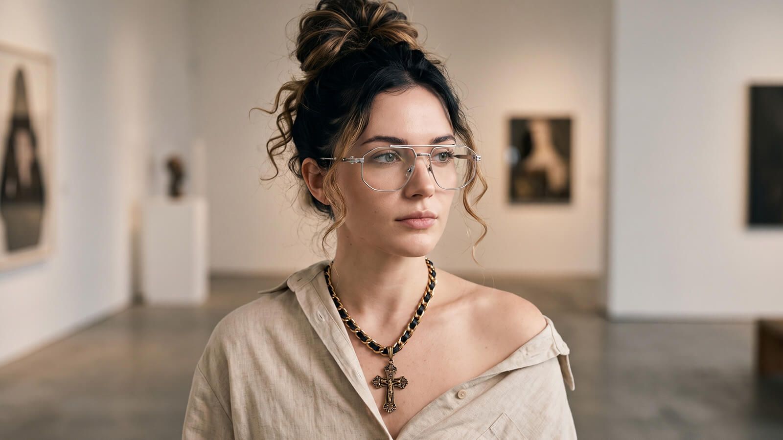 woman wearing minimalist outfit with visible screw glasses