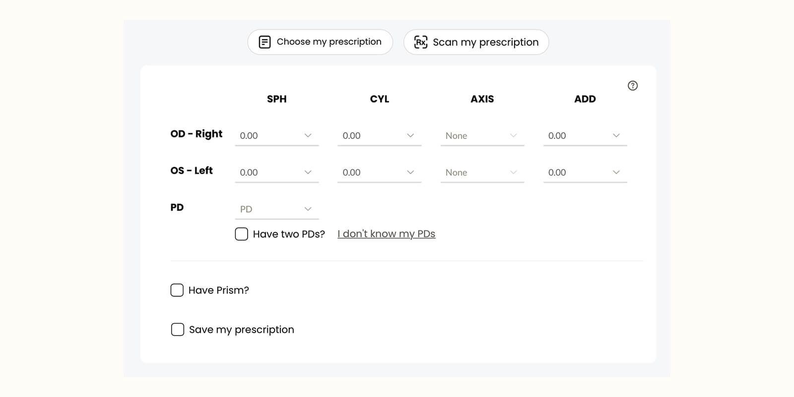 The Vooglam website's interface for filling out prescriptions