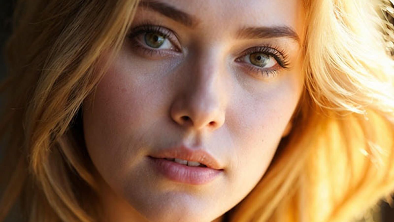 Close up portrait of a woman with amber eyes and blonde hair looking to the side.