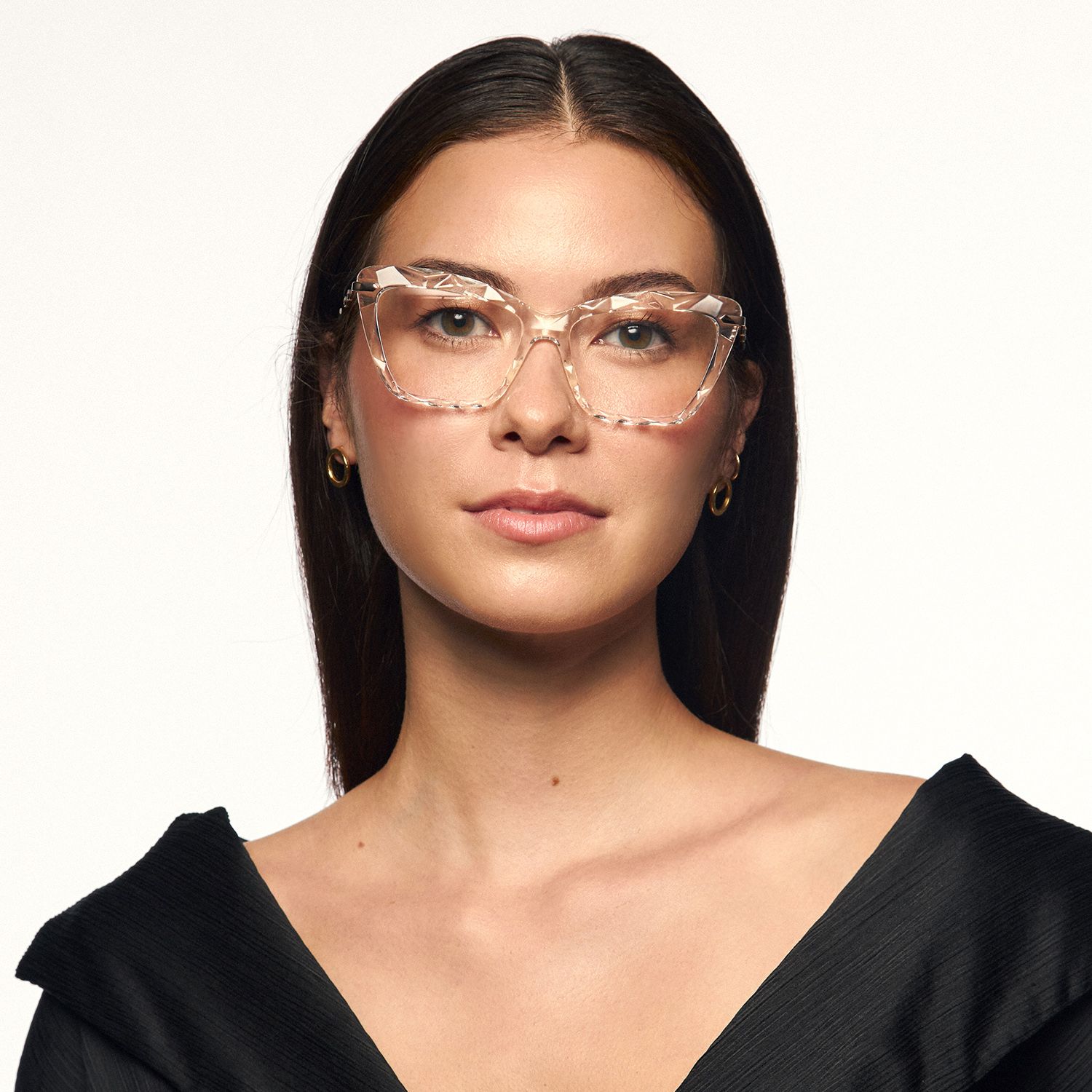 Annie - Clear Rectangle Crystal Frame Eyeglasses | Vooglam On Model 1
