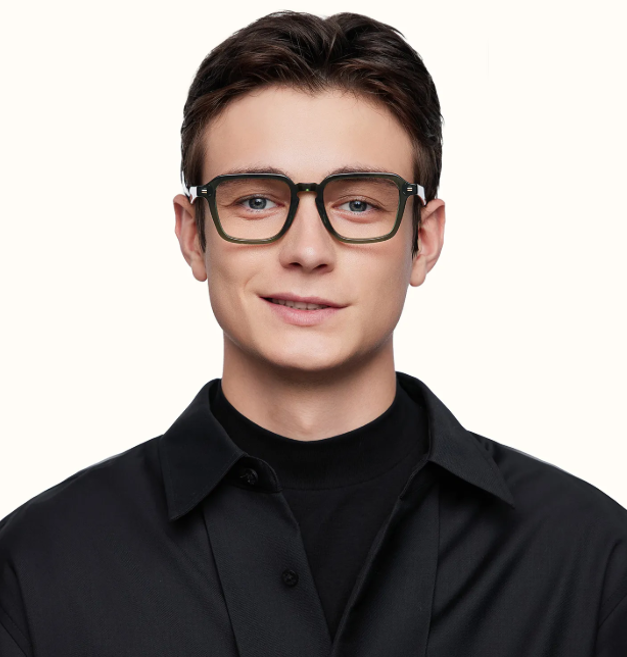 man in square glasses