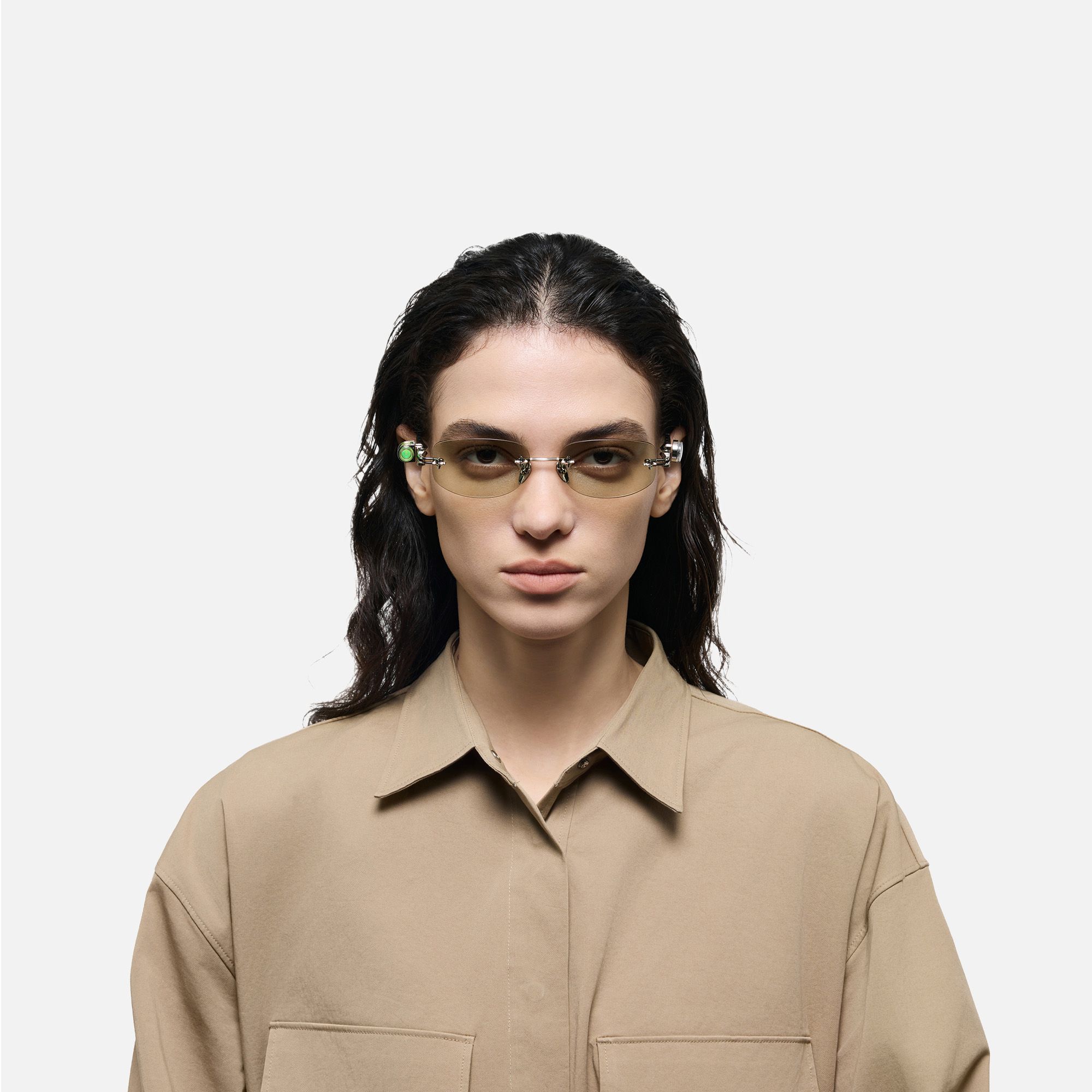 The Utilitarian - Asymmetric Green Tint Sunglasses | Vooglam On Model 1