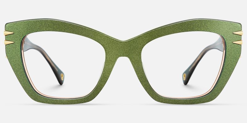 Manon-Chunky Metallic Green Zipper Cateye Glasses by Vooglam