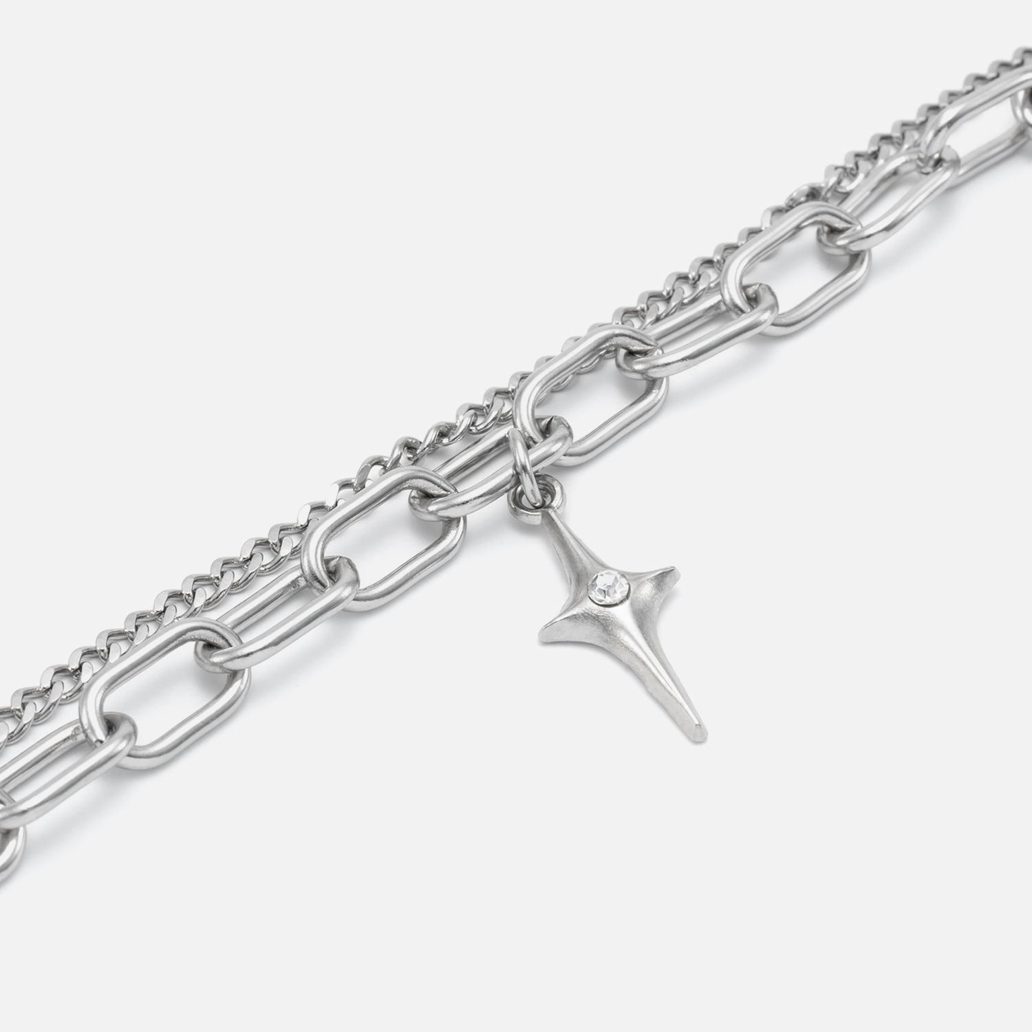 Silver Layered Chain Bracelet with Charm - Angle View