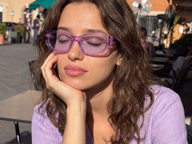 minimalist daily y2k outfit wearing vooglam transparent purple glasses with y2k star on the side