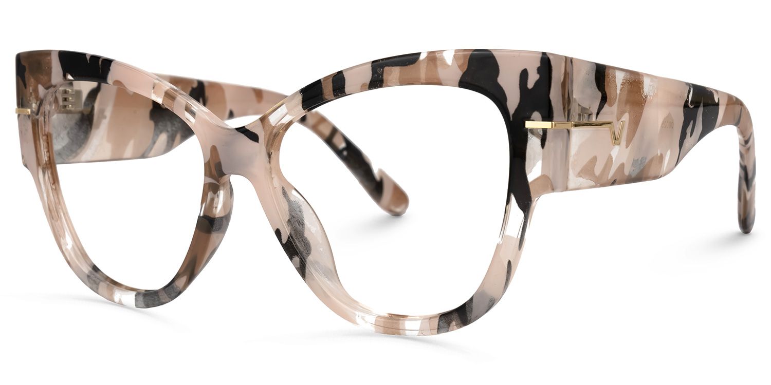 Elektra - Cat Eye Beige Camo / Brown Tortoises Eyeglasses by Vooglam - Front View