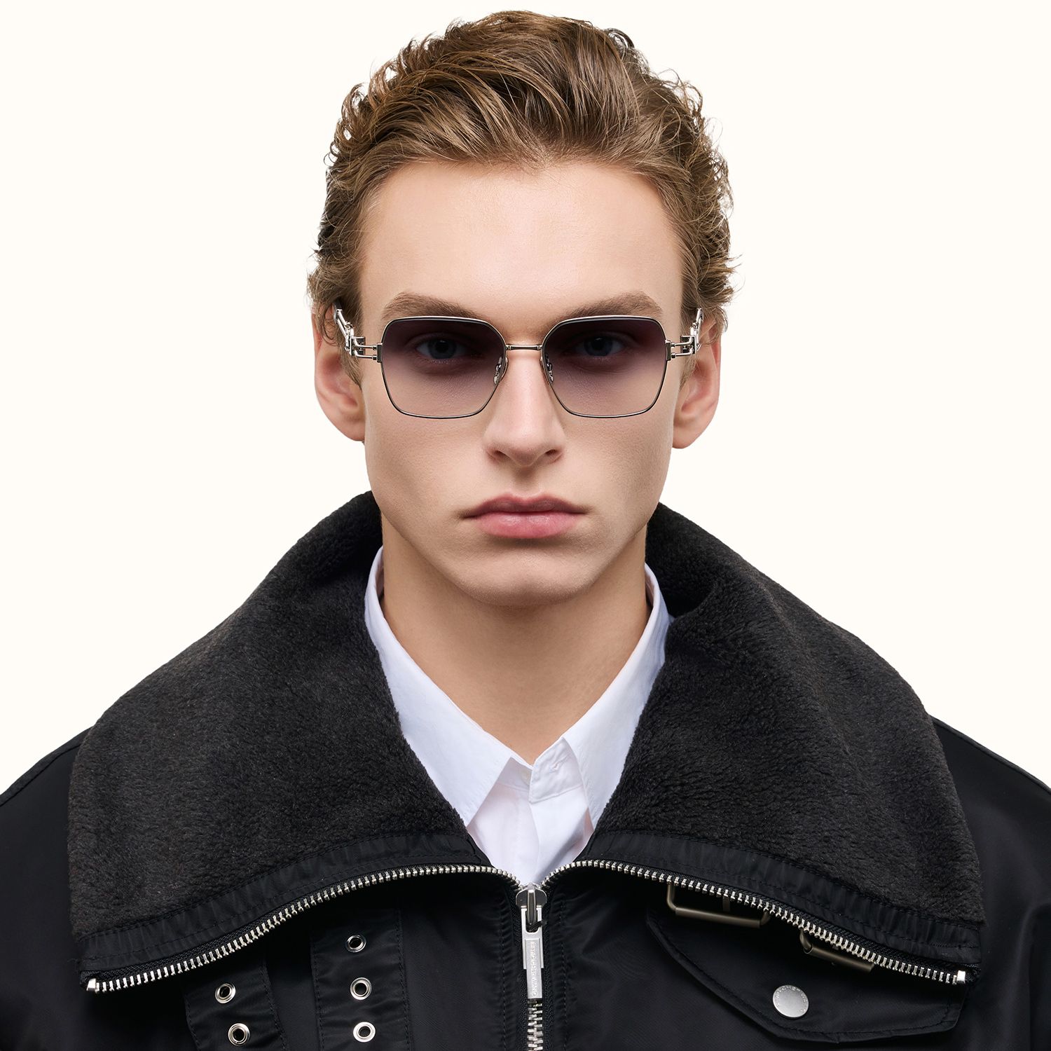 model wearing The Architect - Rectangle Silver Sunglasses 2