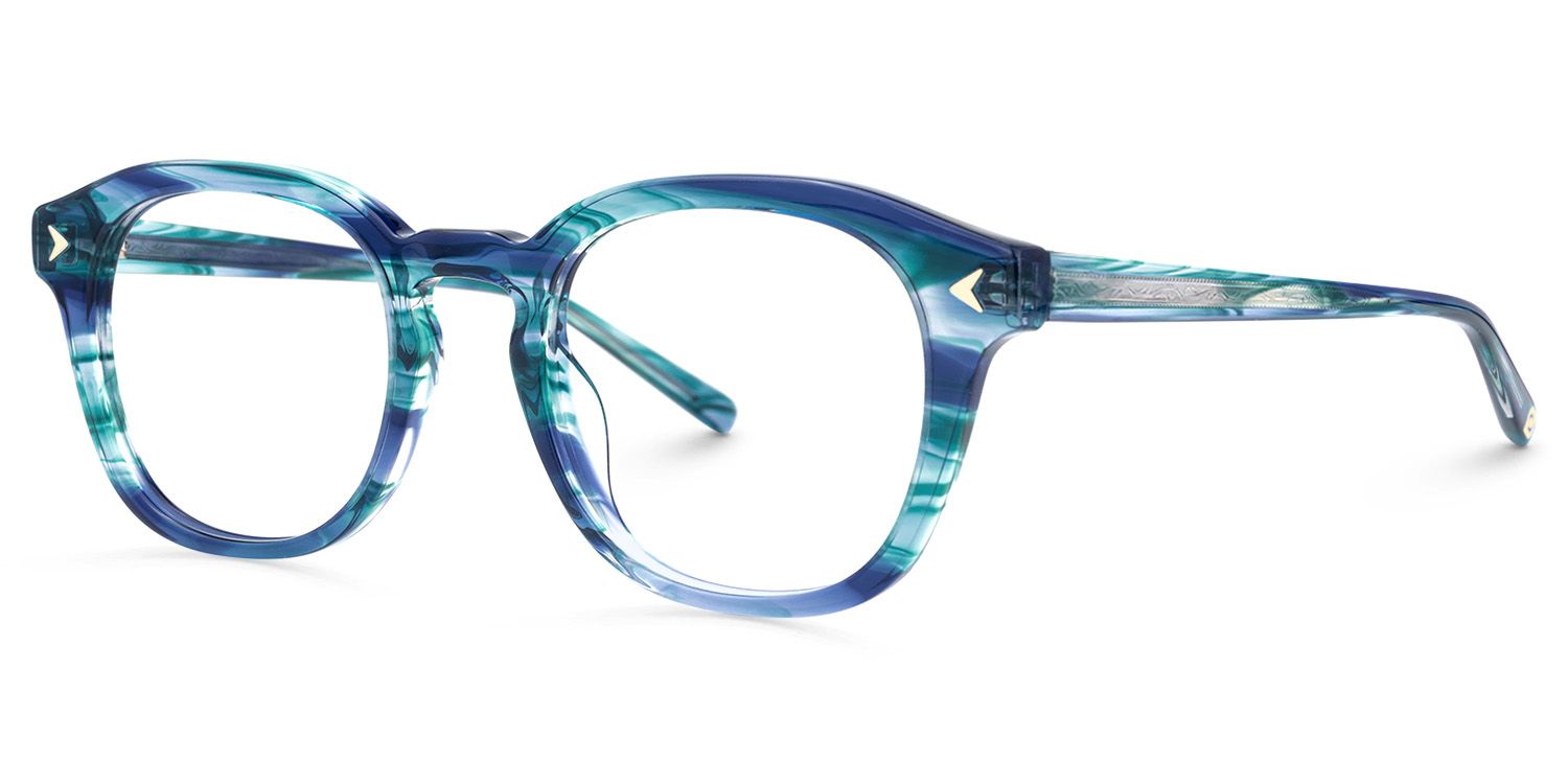 Laksha - Round Blue Eyeglasses by Vooglam - Front View