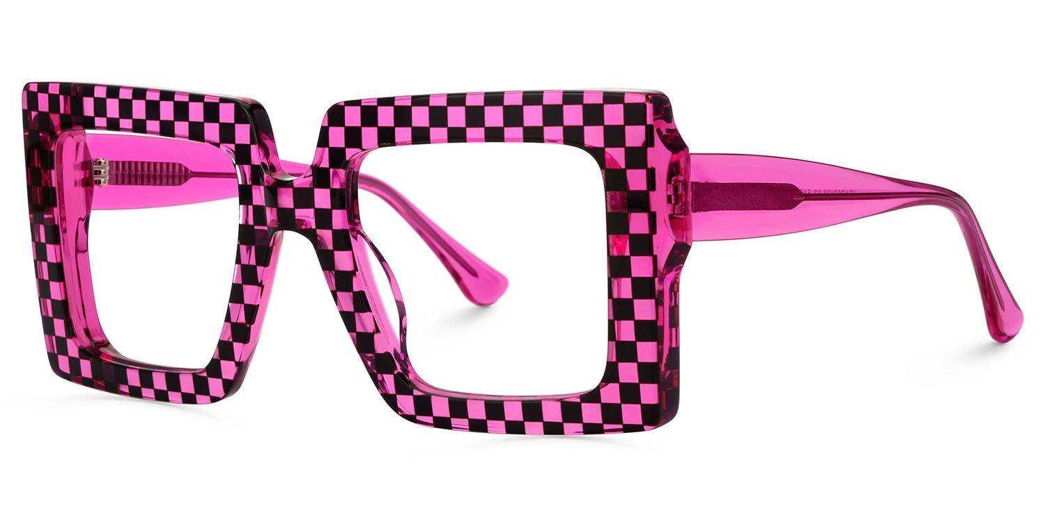 Ferial - Bold Checkered Pink & Square Glasses by Vooglam - Front View