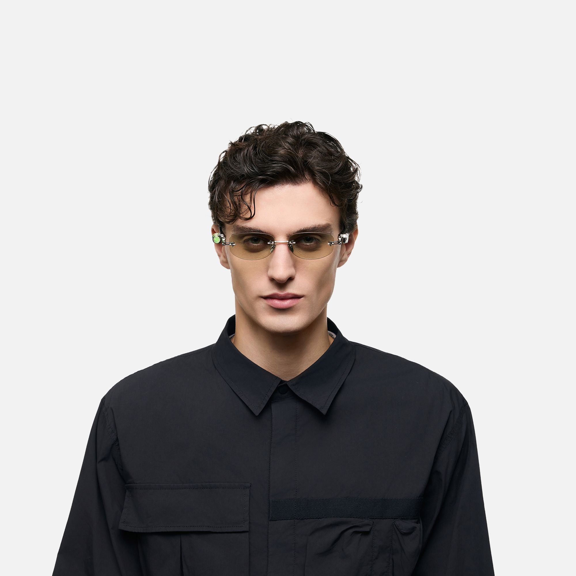 The Utilitarian - Asymmetric Green Tint Sunglasses | Vooglam On Model 2