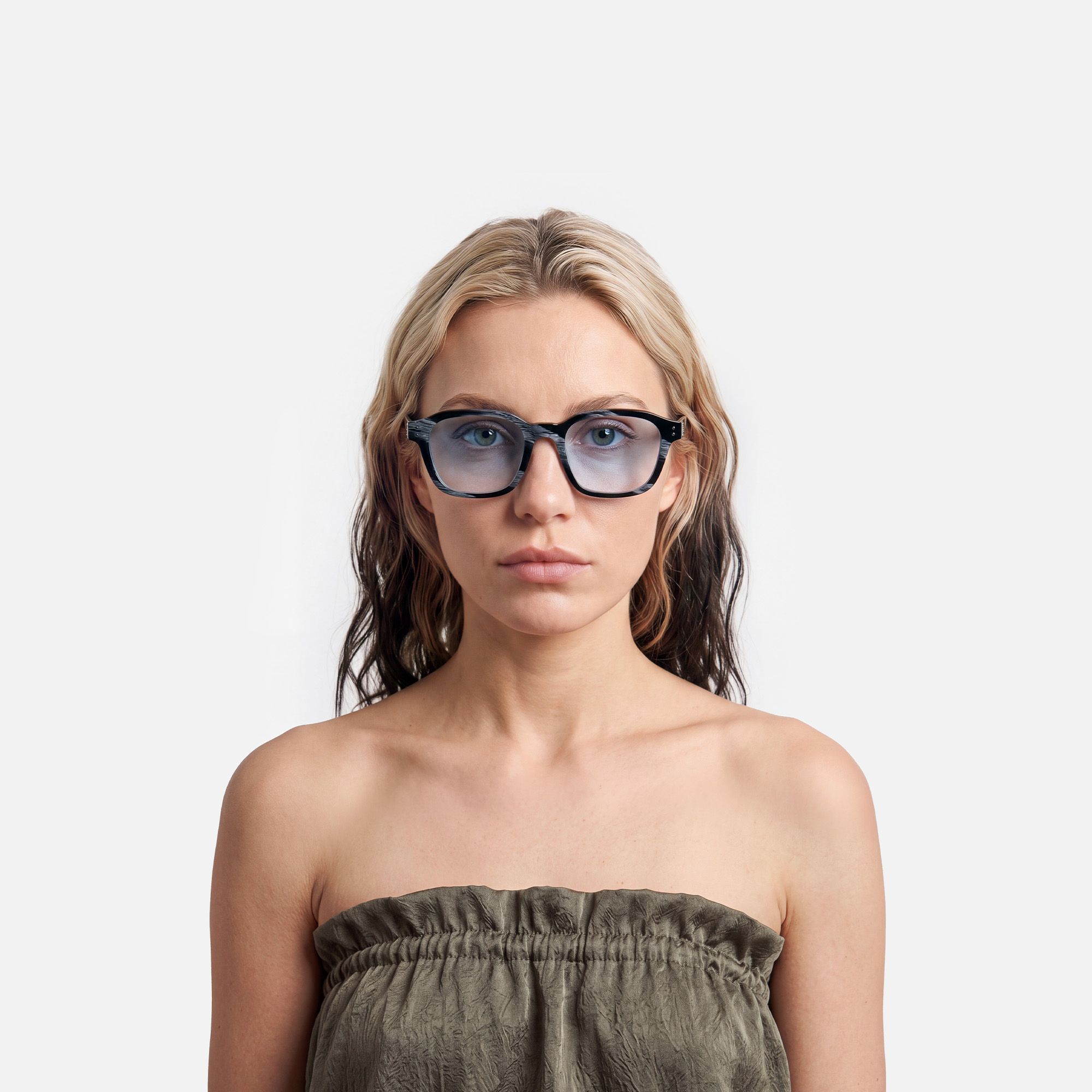 Rainier - Blue Lens Dark Blue Horn Sunglasses by Vooglam - On Model