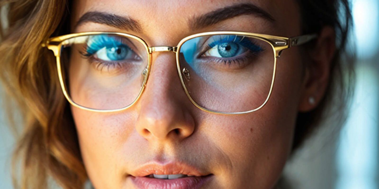  A close-up of a bright blue eyes woman wearing gold-framed glasses