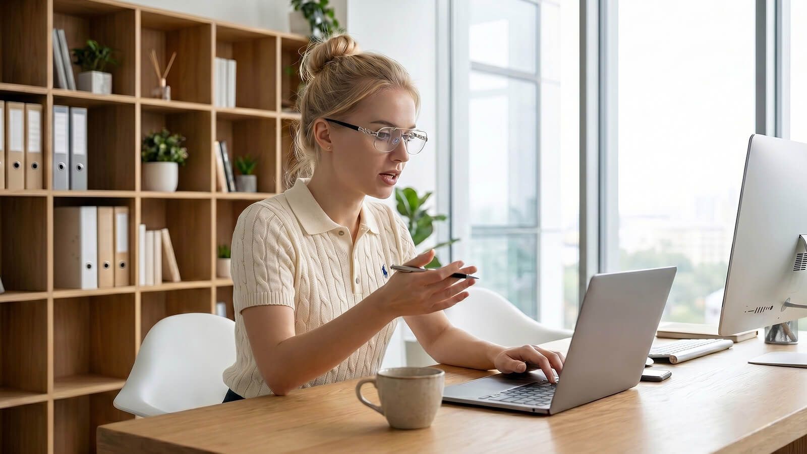 a lady wearing moto boho glasses when online conference