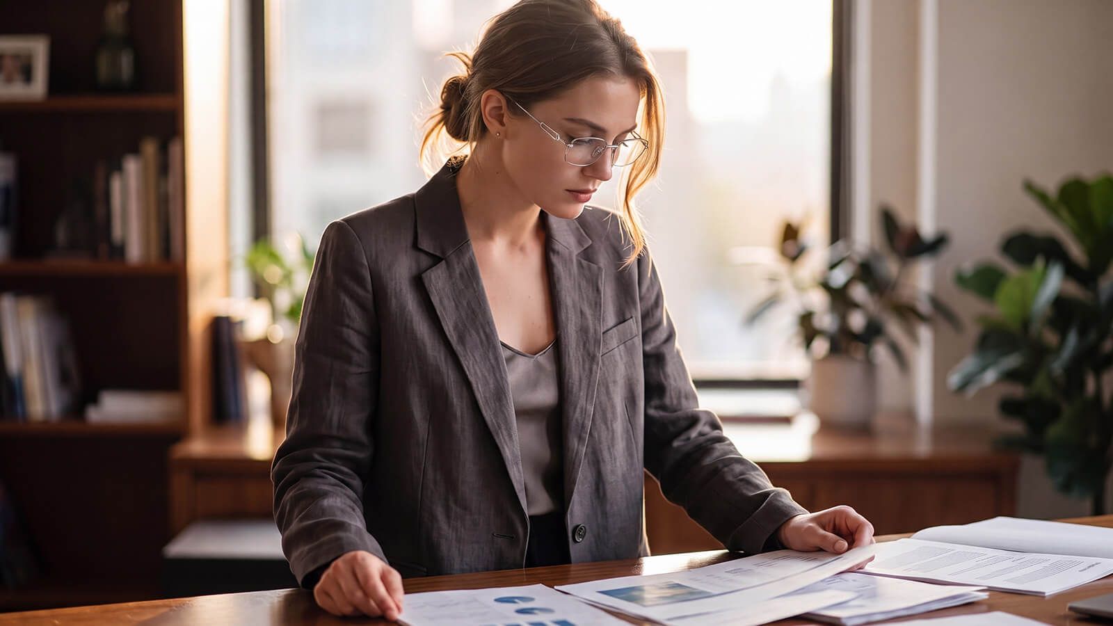 lady with a slim silver metal glasses when organizing a conference