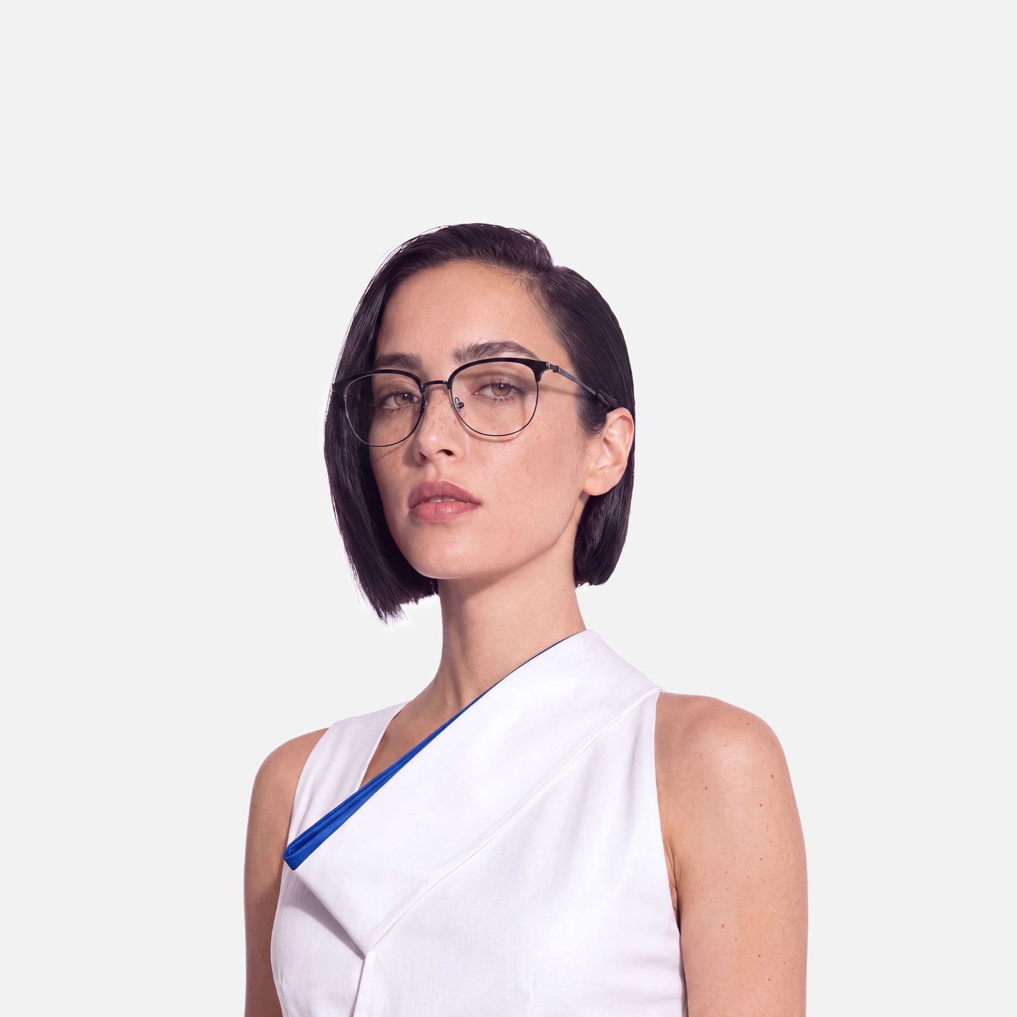 Grace - Round Black Eyeglasses by Vooglam - Side View On Model