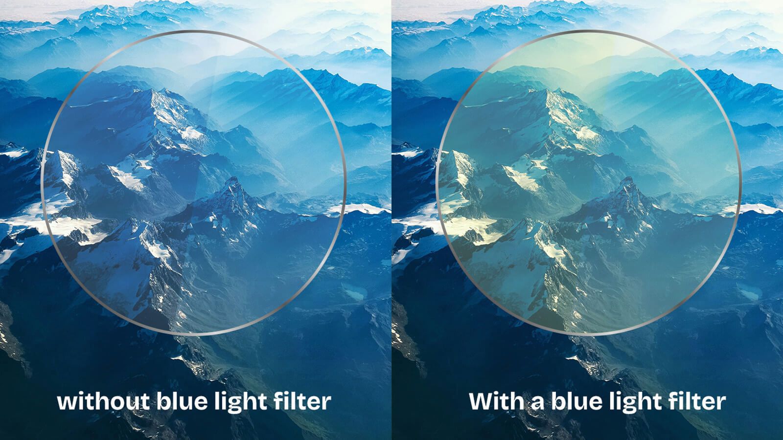 A side-by-side comparison showing a scenic mountain view through a lens. The left side, labeled