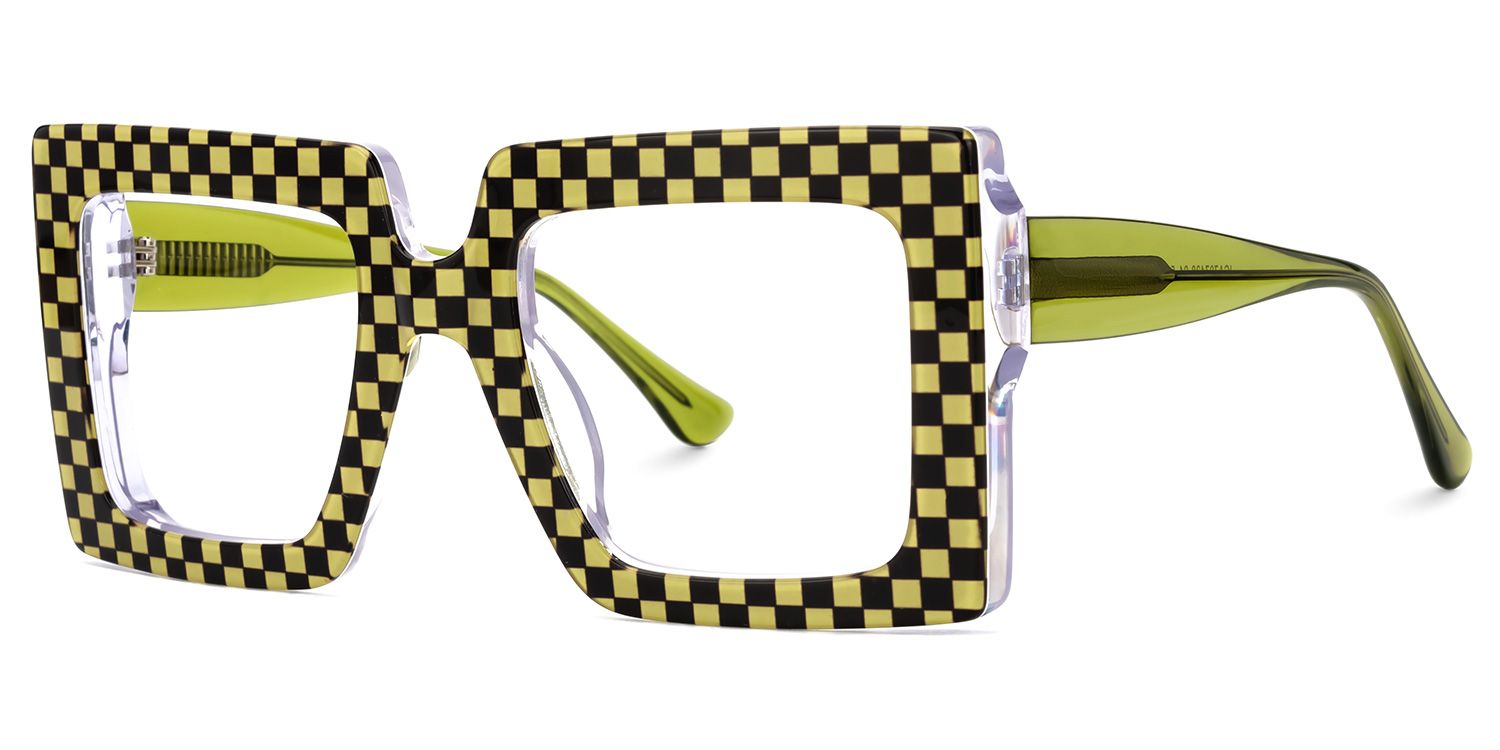 Ferial - Retro Green & Black Checkered Glasses by Vooglam - Front View