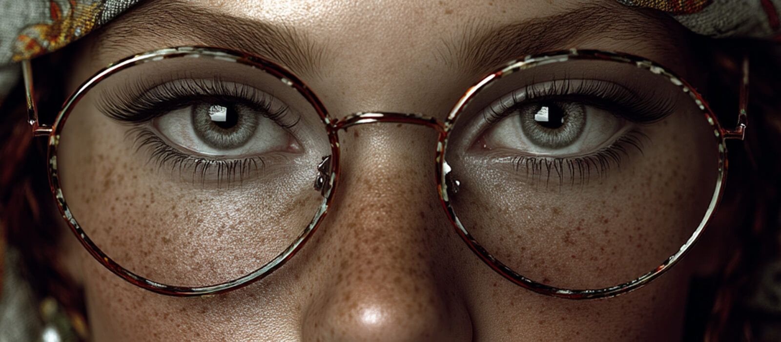 Gray-eyed woman wearing round glasses