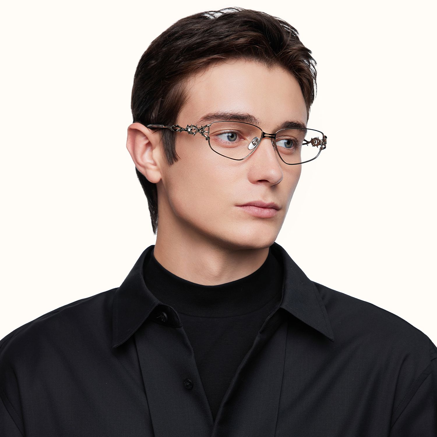 model wearing Spine - Geometric Silver Eyeglasses 2