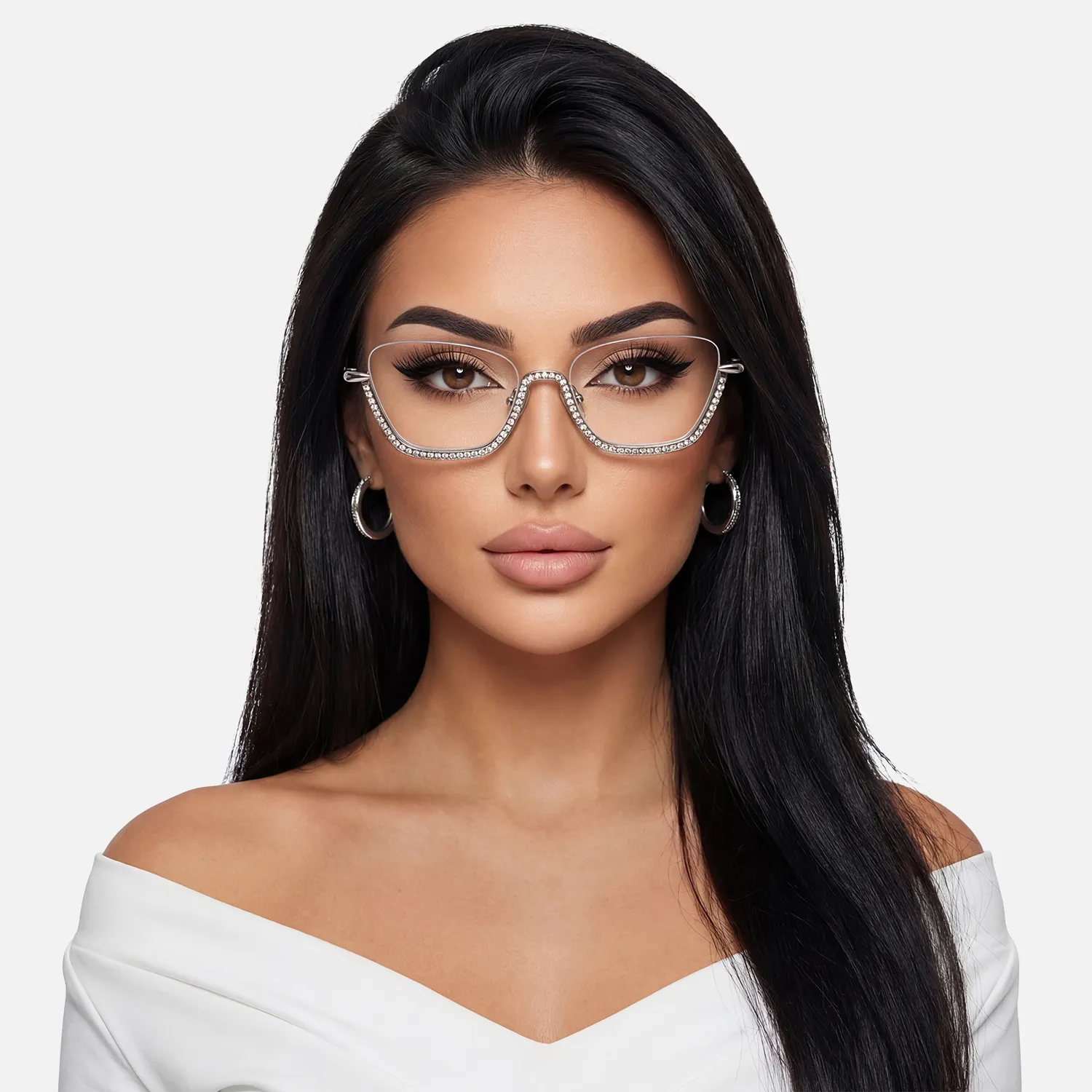 woman with semi-rimless cat eye silver diamond eyeglasses
