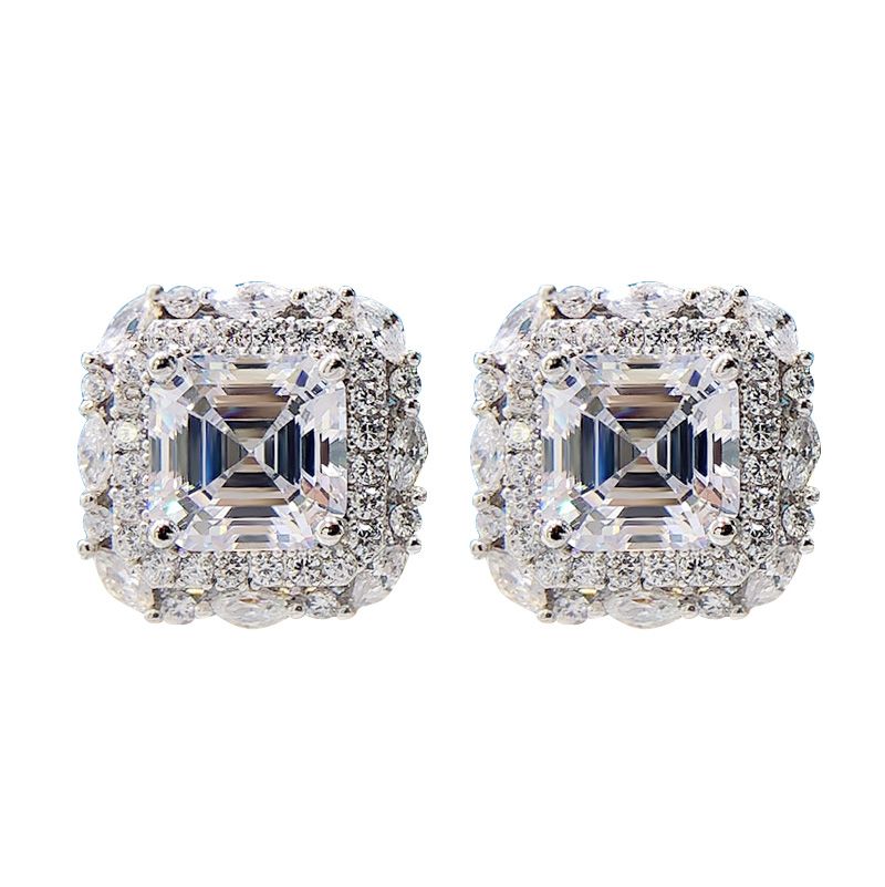 Sleek Diamond White Square Stud Pierced Earrings by Vooglam - Front View