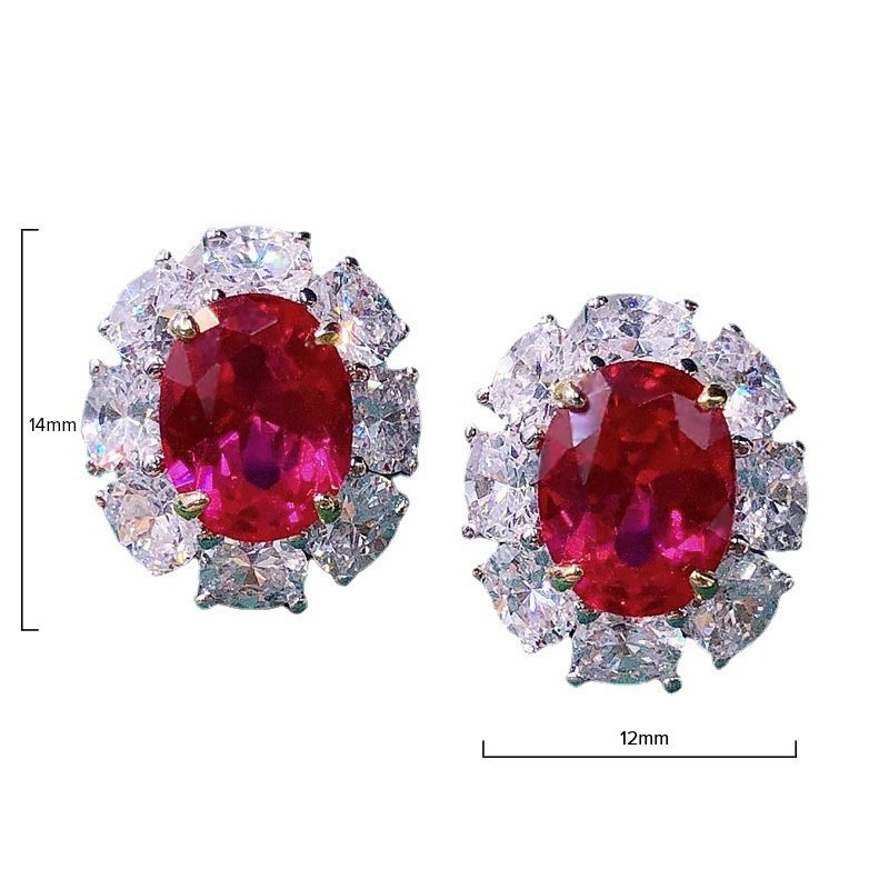 Classic Ruby Red Oval Pierced Earrings by Vooglam - Angle View