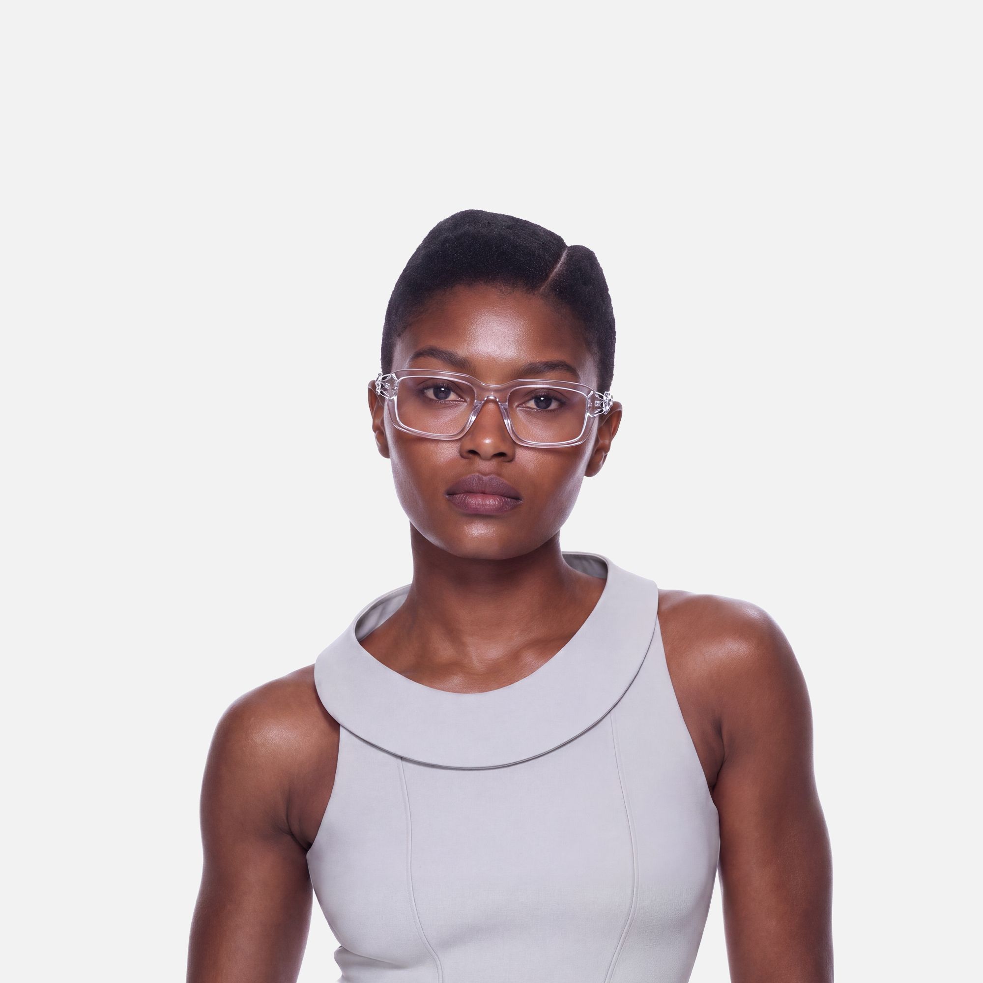 Vorpal - Clear Thorn Rectangle Silver Glasses | Vooglam On Model 1