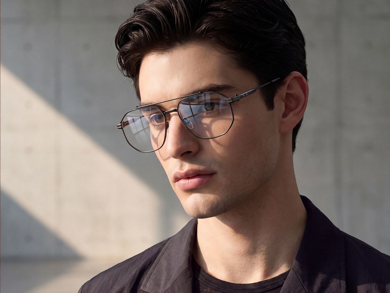 man wearing this matte black geometric metal glasses with unique measure scale deco