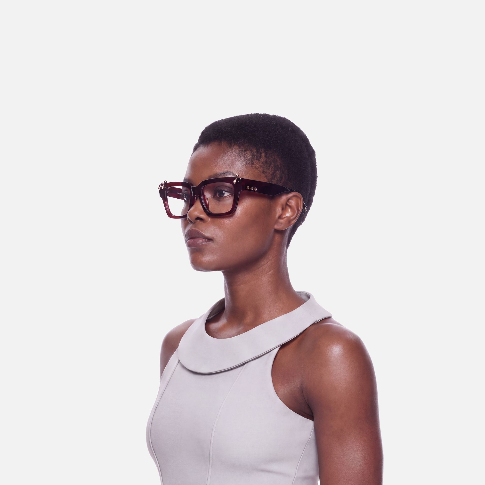 PIERCE - Square Red Eyeglasses by Vooglam - Side View On Model