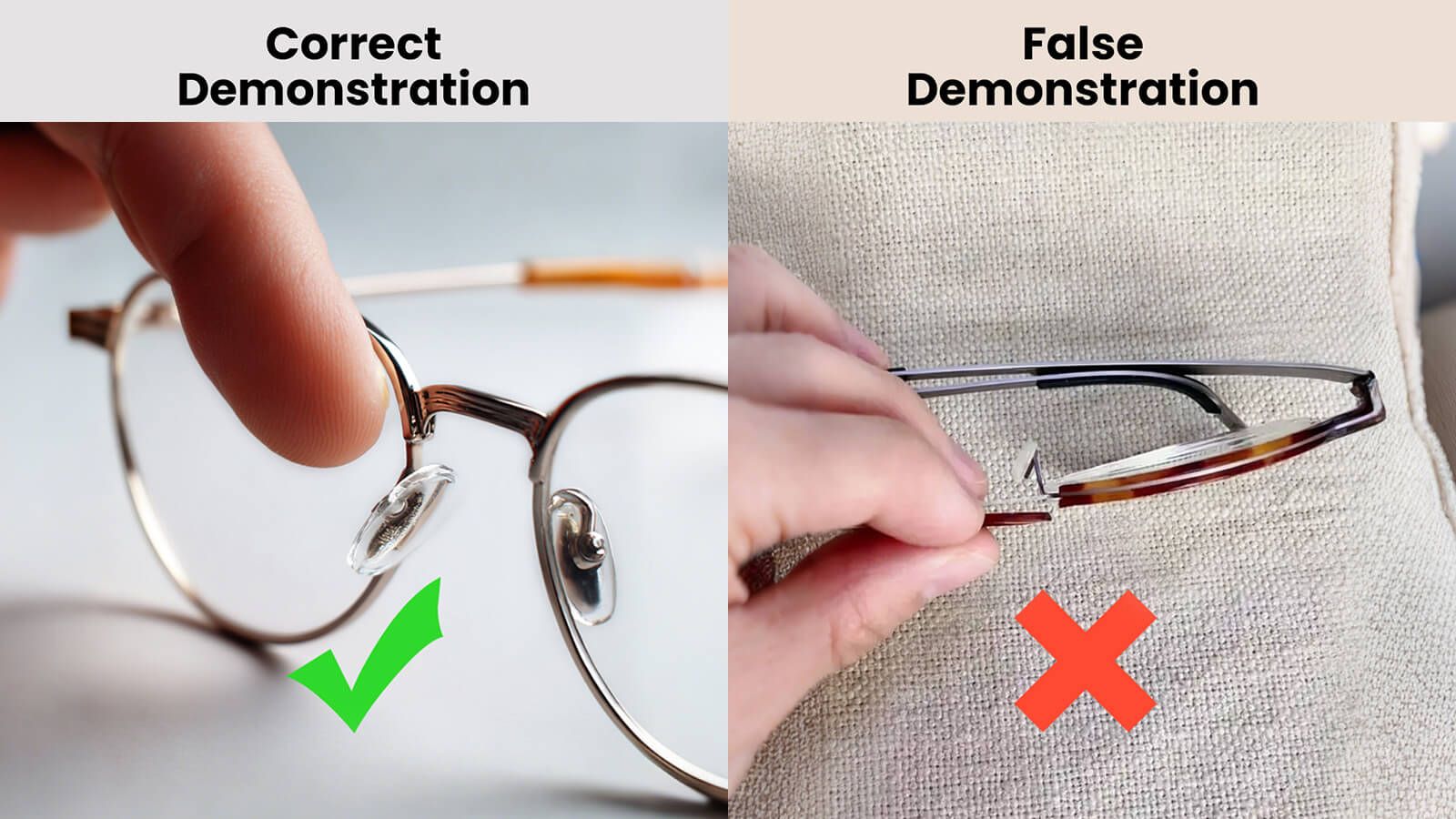 correct demonstration of eyeglasses without touching the lenses